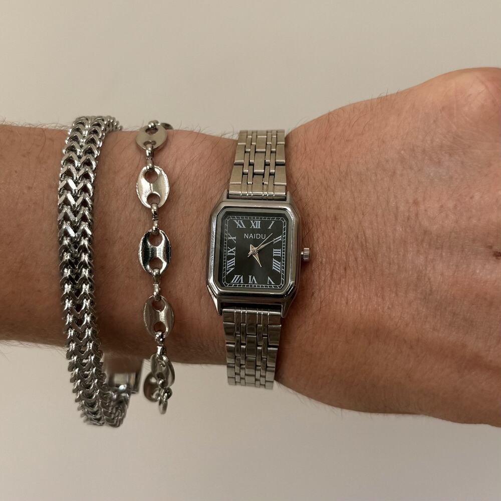 Silver Watch Black Face Unisex Minimalist 1.5" Diameter Quartz New